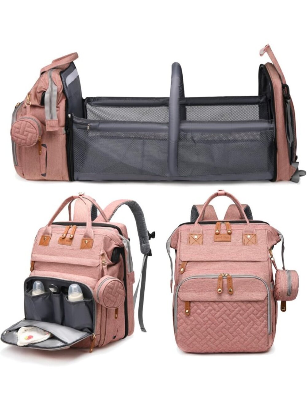 Waterproof Baby Diaper Bag Backpack with Changing Station & USB Port - Pink